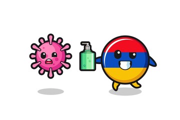 Poster - illustration of armenia flag character chasing evil virus with hand sanitizer