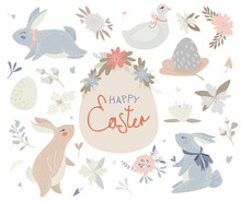 Set Of Cute Retro Elements For Happy Easter. Easter Bunnies, Easter Eggs, Duck And Flowers.