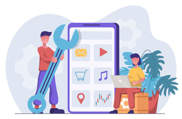 App development. Programmers develop a mobile app