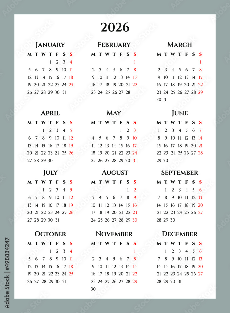 Vertical calendar grid for 2026 in A4 format, week starts from Monday ...