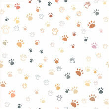 Cat Paw Print Vector Illustration. Dog, Different Colored Animal Footprints On A White Background. Seamless Pattern Of Animal Paws