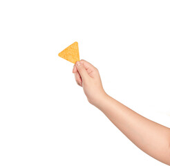 Hand holding crispy corn nachos isolated on white background.