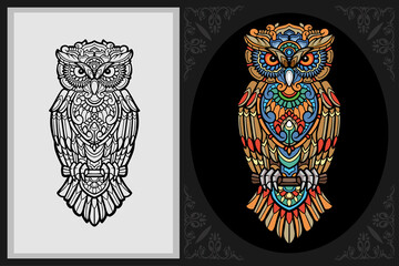 Colorful owl bird zentangle art with black line sketch isolated on black and white background