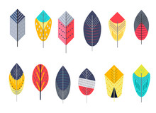Set With Colorful Stylized Feathers. Vector Illustration For Design, Prints, Fabric And Packaging, Stationery And Scrapbooking.