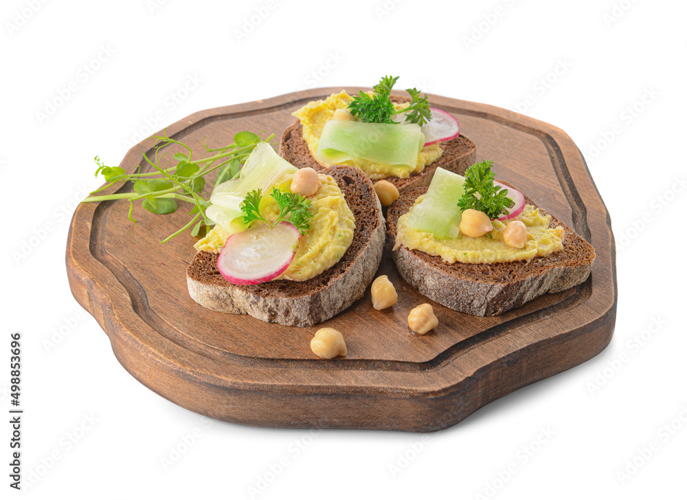 Board with pieces of bread and tasty hummus on white background