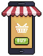 © Kaleb - Pixel art Smartphone with shop awning. buy in online store vector icon for 8bit game on white background