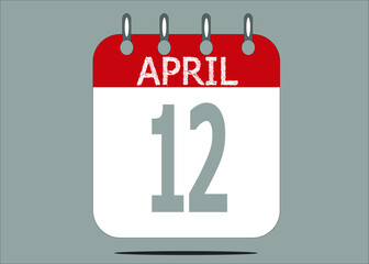 Icon day date 12 April, template calendar page in red and gray for days of the month