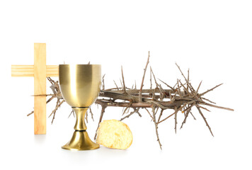 Wall Mural - Cup of wine with bread, cross and crown of thorns on white background