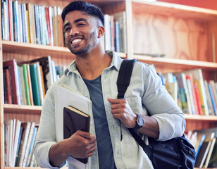 Poster - Get studying and go places. Shot of a young man studying in a library at university.