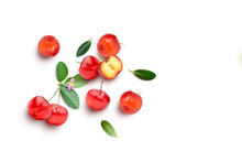 Acerola Cherry With Half Slice And Green Leaves Isolated On White Background, Top View, Flat Lay.