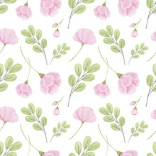 Seamless Pattern With Pink Flowers And Greenery On White Background.  Watercolor Summer Pattern, Simple Botany Elements. Texture For Girl Fabric,  Nursery Wallpaper. Soft Floral Background.
