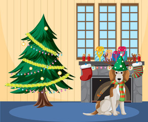 Poster - Christmas holidays with christmas tree by fireplace