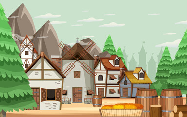 Wall Mural - Medieval house with windmill scene