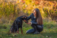 Girl Sitting Near A Doberman Dog Breed In Nature