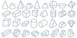 3D Geometric shapes. Set of basic figures: cube, pyramid, sphere, cylinder and other isometric objects. Collection of vector three-dimensional design for education and abstract geometric graphic.