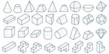 3D Geometric Shapes. Set Of Basic Figures: Cube, Pyramid, Sphere, Cylinder And Other Isometric Objects. Collection Of Vector Three-dimensional Design For Education And Abstract Geometric Graphic.