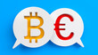 Orange-colored Bitcoin and Euro symbol with white-colored speech bubble. Horizontal composition with copy space. Isolated with clipping path.