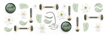 Creative Modern Selfcare Concept. Banner Made With Surreal Woman Face And Set Of Cosmetic Tools For Self-care. Face Rollers, Massager Gua Sha Scraper, Cosmetic Collagen Patches On White Background