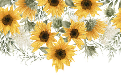 Wall Mural - Sunflowers, Floral border with sunflowers ang foliage, can be used as invitation card for wedding, birthday and other holiday and  summer background. Botanical art. Watercolor
