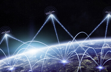 spacecraft orbiting earth in the outer space, night on the earth and satellite in the space