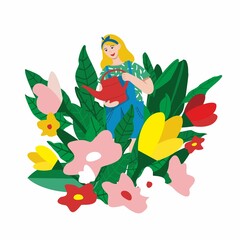 A young girl with a red watering can is watering giant flowers and plants isolated on white. Banner concept of caring for indoor plants, gardening on the balcony in summer. Cartoon vector illustration