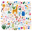 Abstract doodles. Baby animals and flowers pattern. Vector illustration with cute animals. Nursery baby illustration
