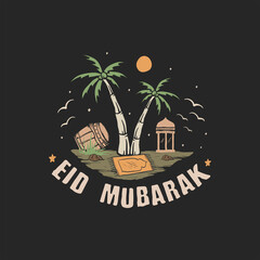 Wall Mural - Eid Mubarak scenery with palm trees, mosque and beduk hand drawn vector vintage illustration