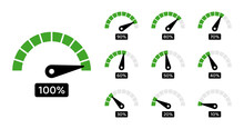 Speedometers icons set. Percentage gauge meter vector illustration.