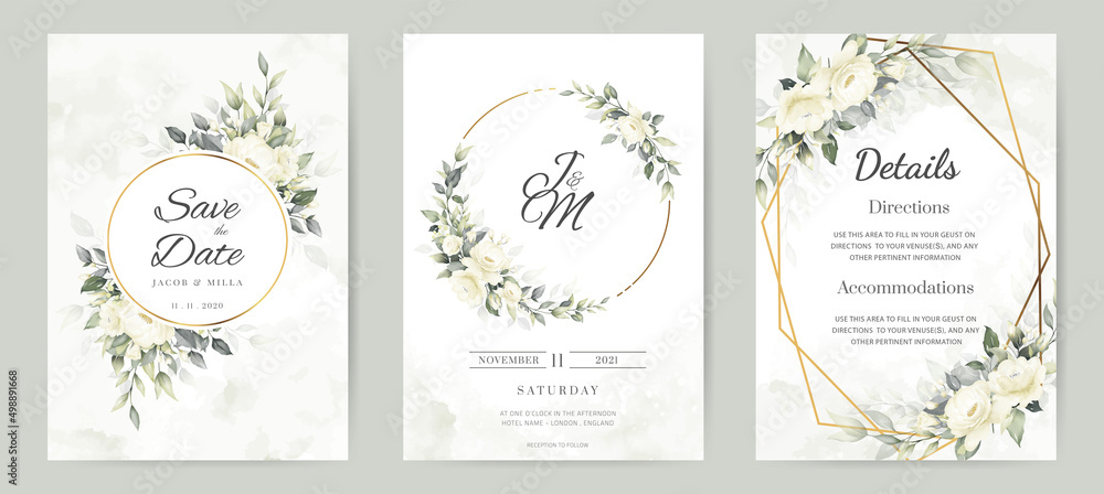 Flower wedding invitation card template set white rose flower and gold ...