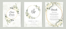 Flower Wedding Invitation Card Template Set White Rose Flower And Gold Frame 