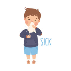 Poster - Little Boy Showing Sense of Sickness Suffering from Flu Having Runny Nose Vector Illustration