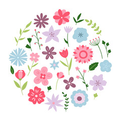 Wall Mural - Hand drawn set of flowers and branches. Floral and herbal elements in cartoon style. Vector illustration isolated on white background.