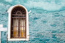 Shabby Window And Blue Brick Wall Grunge Texture Background