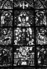 Wall Mural - Virgin with Child. Stained glass window in Chartres cathedral. Chartres, France. Chartres cathedral was built between 1194 and 1250. Black white historic photo.