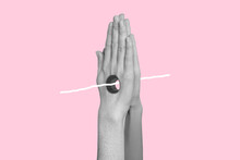 Modern Surreal Poster Of Human Palms Pray For Ukraine Connected With Line Isolated On Pastel Pink Color Background