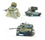 Fototapeta  - Modern Russian military equipment. Watercolor hand drawn illustration. 