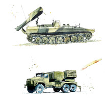 Modern Russian Military Equipment. Watercolor Hand Drawn Illustration. 