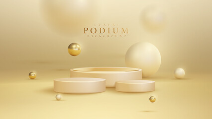 Luxury background with product display podium and 3d gold ball element and blur effect decoration and glitter light.