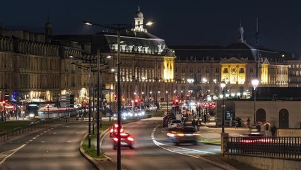 Sticker - Bordeaux, France, Timelapse - The quais and the city traffic at night