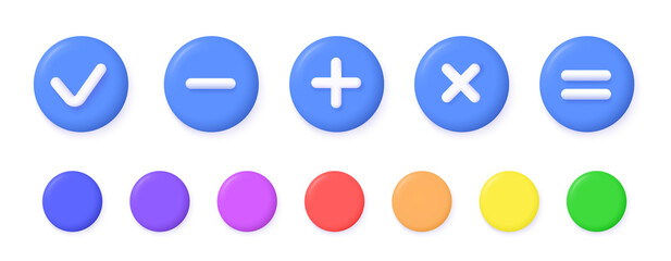 3d plus, minus, multiply, equal, check mark vector icons on white background.