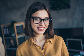 Sticker - Portrait of attractive cheerful girl skilled qualified executive director wearing formal shirt at workplace workstation indoors