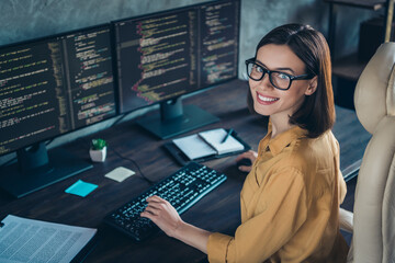 profile side view portrait of attractive cheerful skilled girl geek developing web site cyber securi