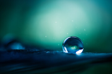 Wall Mural - A drop of water in dark green and blue tones in the light.
