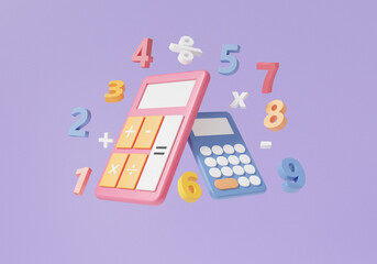 minimal cartoon mathematic learning education concept. calculator and basic math operation symbols m