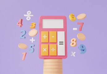 3D calculator with coins and basic math operation symbols math, plus, minus, multiplication, number divide, Mathematic calculate Finance education concept. minimal cartoon. 3d render