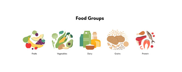  Food groups illustration set. Vector flat design of various fruits, vegetables, fruit, dairy, grains and protein product group symbols isolated on white background.