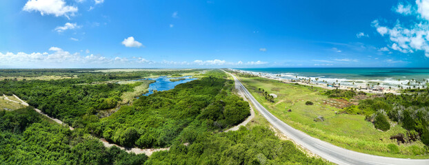 Wall Mural - Panoramic view of Carretera del Caribe with palm trees along the coast of Venezuela, aerial view.