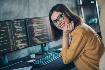 profile side photo of young cheerful woman workplace designer expert sit table eyewear website indoo