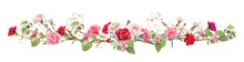 Panoramic View: Bouquet Of Carnation And Spring Blossom. Horizontal Border: Red, Pink Flowers, Buds, Leaves On White Background. Realistic Digital Illustration In Watercolor Style, Vintage, Vector