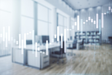  Abstract virtual financial graph hologram on a modern furnished office background, forex and investment concept. Multiexposure